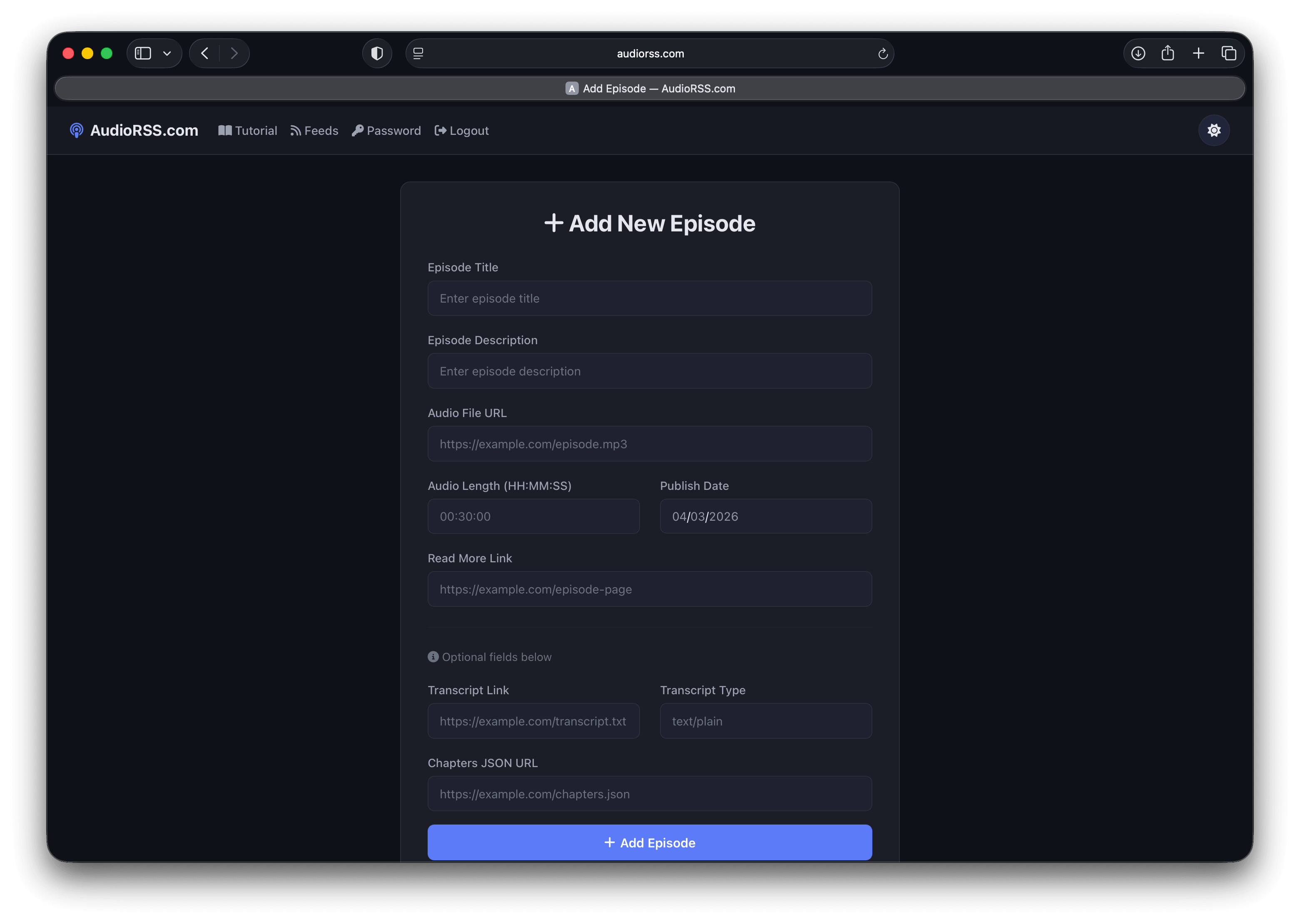 AudioRSS Add Episode form